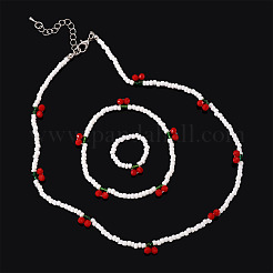 Halsketten & Armband & Fingerring-Sets aus Kirschglasperlen für Damen&nbsp;SJEW-TA0001-08