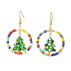 Glasperlenring mit Bunte Malerei-Weihnachtsbaum-Ohrhängern&nbsp;EJEW-TA00231