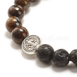 Stretch-Armband mit runden Perlen aus natürlichem Bronzit und Lavagestein&nbsp;BJEW-JB07457