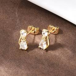 Orecchini a bottone in ottone con micro pavé di zirconi trasparenti a forma di gatto&nbsp;EJEW-C172-01G