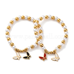 201 pulseras elásticas de cuentas redondas de acero inoxidable&nbsp;BJEW-C090-03G-D