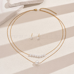 Set di collane e orecchini a bottone a doppio strato in acciaio inossidabile 201 con perle finte rotonde per donna&nbsp;FS8712