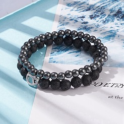 2 pièces 2 style pierre de lave naturelle et hématite synthétique bracelets extensibles perlés ronds sertis de signe de paix en alliage&nbsp;BJEW-JB08311