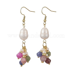 Pendientes colgantes de turmalina multicolor natural y perlas cultivadas de agua dulce naturales para mujer.&nbsp;EJEW-JE07404