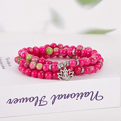 Wickelarmband aus natürlicher weißer Jade mit runden Perlen und Legierung Ohm / Aum Lotus&nbsp;AJEW-PH00503-02