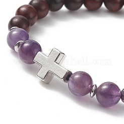 4pcs 4 bracelets extensibles en bois et pierres précieuses mixtes naturelles et synthétiques de style sertis de perles croisées en alliage pour femmes&nbsp;BJEW-TA00226
