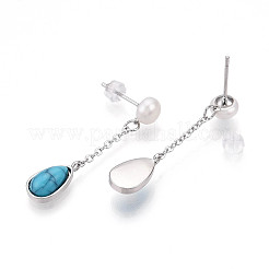 Tropfenförmige Ohrstecker aus Messing mit Naturperlen&nbsp;PEAR-N020-06S