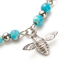 Tobillera de acero inoxidable 304 con dije de abeja y cuentas redondas de jade blanco natural para mujer&nbsp;AJEW-AN00498-02