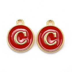 Golden Plated Alloy Enamel Charms, Cadmium Free & Lead Free, Enamelled Sequins, Flat Round, Red, Letter.C, 14x12x2mm, Hole: 1.5mm