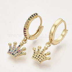 Brass Micro Pave Colorful Cubic Zirconia Dangle Hoop Earrings, Crown, Real 16K Gold Plated, 26mm, Pin: 1x0.6mm