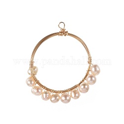 Grade A Natural Cultured Freshwater Pearl Pendants, Wire Wrapped Pendants, with Brass Wire, Ring, Golden, 40.5x40x5.5mm, Hole: 2.5mm