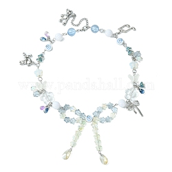 Halskette mit Schleife aus Legierung und Anhänger mit Hund und Bär, Acryl- und Glasperlenketten, exquisite Halskette für Damen, Antik Silber Farbe, 17.32 Zoll (44 cm)