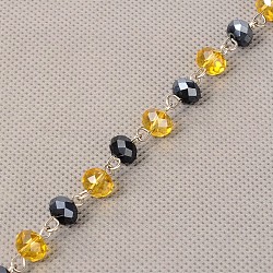 Handmade Rondelle Glass Beads Chains for Necklaces Bracelets Making, with Iron Eye Pin, Unwelded, Platinum, Yellow, 39.3inch
