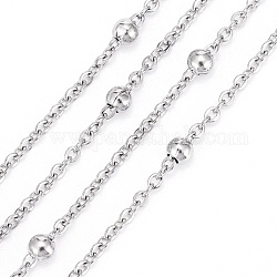 304 Edelstahl-Kabelketten, Satellitenketten, mit runden Perlen, gelötet, Flachoval, Edelstahl Farbe, Link: 2.5x2 mm, Perle: 4 mm