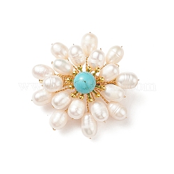 Synthetic Green Turquoise & Natural Pearl Braided Bead Flower Lapel Pin, Golden 304 Stainless Steel Brooch for Women, 42x40x13mm