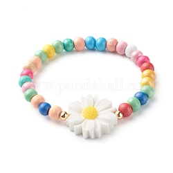 Bracelets extensibles en perles rondes en bois naturel pour enfant, avec des perles de résine, une marguerite, colorées, diamètre intérieur: 2 pouce (5.05 cm), 6.5mm