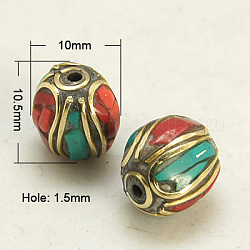 Handmade Tibetan Style Beads, Brass with Synthetic Coral and Turquoise, Drum, Antique Golden, Colorful, 10x10.5mm, Hole: 1.5mm