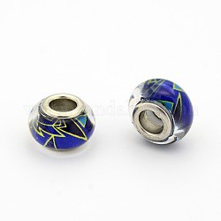 Handmade Polymer Clay Enamel Large Hole Rondelle European Beads, with Platinum Brass Double Cores, Medium Blue, 14x9mm, Hole: 5mm