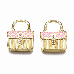 Brass Micro Pave Cubic Zirconia Enamel Pendants, Nickel Free, Real 16K Gold Plated, Bag, Hot Pink, 20x15.5x4mm, Hole: 6.5x8mm