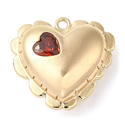 Pendente in ottone, con vetro, nichel libero, charms cuore, vero placcato oro 18k, rosso, 15.5x16.5x6.5mm, Foro: 1.2 mm