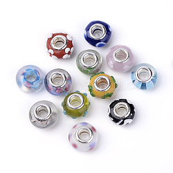 Handgemachte glasperlen murano glas großlochperlen, lage Loch Rondell Perlen, mit Messing-Kerne, gemischten Stil, Mischfarbe, 8.5~13x11~18x8.5~11 mm, Bohrung: 4.5~5 mm