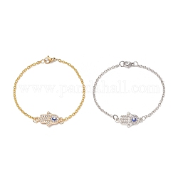 2Pcs 2 Color Crystal Rhinestone Hamsa Hand with Evil Eye Link Bracelet, Alloy Jewelry for Women, Platinum & Golden, 7-1/2 inch(19cm), 1Pc/color