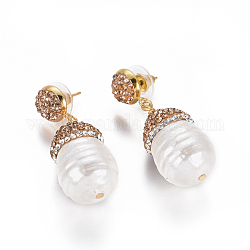 Pendientes de perlas naturales, con rhinestone de arcilla de polímero y los fornituras de bronce, Tuercas de oreja de latón, pendiente trasero, con plástico, lágrima, blanco, dorado, 41 mm, pin: 0.7 mm