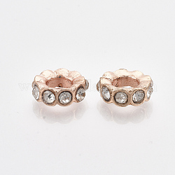 Rose Gold Plated Alloy European Beads, with Rhinestones, Large Hole Beads, Flat Round, Crystal, 11.5x4mm, Hole: 5mm