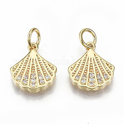 Breloques en laiton zircon cubique transparent, avec anneaux de jonction, sans nickel, forme coquille, véritable 16k plaqué or, 12.5x11x2.5mm, anneau de jonction: 5x0.8mm, 3.4 mm de diamètre intérieur 