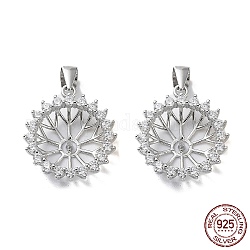 925 Sterling Silver Micro Pave Clear Cubic Zirconia Pendant Cabochon Settings, Open Back Settings, Flower, Real Platinum Plated, Tray: 9mm, 15.5x14x5mm, Hole: 3x4mm, Pin: 0.8mm