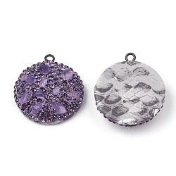 Pendentifs en argile polymère avec strass, avec des pierres précieuses et du cuir, demi-rond, support violet, 26x23x8mm, Trou: 1.5mm