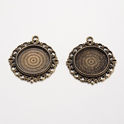 Flat Round Tibetan Style Alloy Pendant Cabochon Settings, Lead Free & Nickel Free & Cadmium Free, Antique Bronze, Tray: 25mm, 43x39x3mm, Hole: 3mm, about 117pcs/1000g