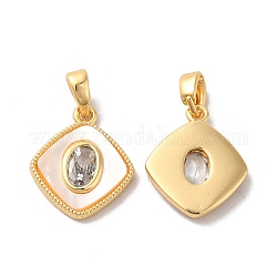 Brass Cubic Zirconia Pendants, with Shell, Rhombus with Oval Pattern, Real 18K Gold Plated, 16x13.5x2.6mm, Hole: 2x3.4mm
