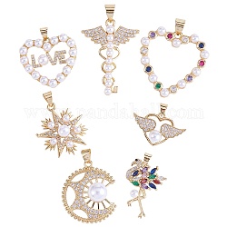 7Pcs 7 Styles Rack Plating Brass Micro Pave Cubic Zirconia Pendants, with Acrylic Bead, Long-Lasting Plated, Cadmium Free & Lead Free, Mixed Shapes, Mixed Color, Real 18K Gold Plated, 16~28x19~27x4~10mm, Hole: 4x3mm, 1pc/style