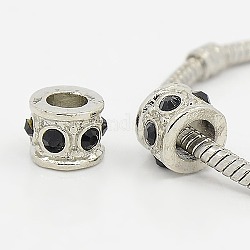 Alloy European Beads, with Rhinestone Beads, Large Hole Beads, Column, Platinum Metal Color, Jet, 8x10x2mm, Hole: 5mm