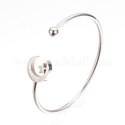 304 Stainless Steel Cuff Bangle Making, with 201 Stainless Steel Beads, Moon with Star, Stainless Steel Color, 2-3/8 inch(59mm)