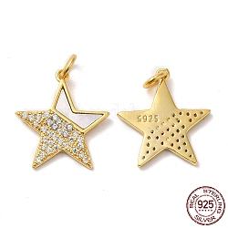 925 Sterling Silver Micro Pave Cubic Zirconia Pendants, Star Charm, with Shell & Jump Ring & 925 Stamp, Real 18K Gold Plated, 16.5x15x1.5mm, Hole: 3mm