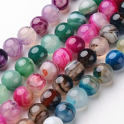 Natural Striped Agate/Banded Agate Beads Strands, Round, Dyed & Heated, Mixed Color, 6mm, Hole: 1mm, about 64pcs/strand, 14.5 inch