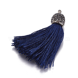 Silk Thread Tassel Pendants, with Polymer Clay Rhinestone and Brass Findings, Platinum, Marine Blue, 49x11mm, Hole: 1.6mm