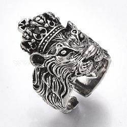 Сплав манжеты кольца пальцев, широкая полоса кольца, лев, античное серебро, Размер 9, 19 мм