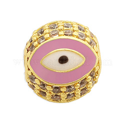 Perle di zirconi cubici trasparenti in micro pavè di ottone, con smalto, rotonda con occhio, perla rosa, 10.5x10mm, Foro: 2 mm, 3pcs/scatola