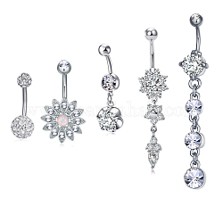 Brass Piercing Jewelry, Belly Rings, with Glass Rhinestone, Mixed Shapes, Platinum, 22~64mm, Bar: 15 Gauge(1.5mm), 5pcs/set, Bar Length: 3/8