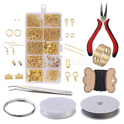 Sistemas de la joya DIY,  crimp beads de latón y fornituras de hierro, con herramientas, dorado, 13x6.8x2.1 cm