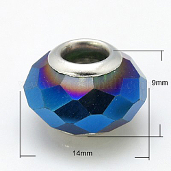 Galvani Glas europäischen Perlen, mit Messing-Doppelkerne, facettiert, königsblau, 14x9 mm, Bohrung: 5 mm