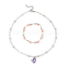 Acrylic and Glass Seed Heart Beaded Stretch Bracelet & Pendant Necklace, Jewelry Sets, Red, 2-1/8 inch(5.5cm), 16-3/8 inch(41.5cm)