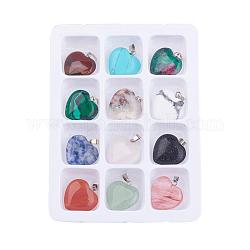 Ciondoli di pietre preziose misti naturali e sintetici, con chiusure in ottone, cuore, 22x21x6mm, Foro: 6 mm