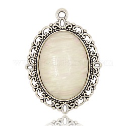Alloy Cat Eye Pendants, Oval, Seashell Color, Antique Silver, 39x28x6mm, Hole: 2mm