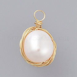 Perle naturelle baroque perle keshi, pendentifs de perles de culture d'eau douce, avec du vrai fil de cuivre plaqué 18k or véritable, ovale, couleur de coquillage, 17~22x11mm, Trou: 2.5mm