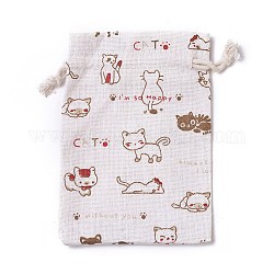 Мешочки для упаковки котят из мешковины, шнурок сумки, прямоугольник с рисунком мультяшный кот, белые, 14.3~14.6x10~10.2 см