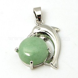 Gemstone Pendants, Green Aventurine, with Brass Findings, Dolphin, Platinum Metal Color, Pale Green, 36x23x8mm, Hole: 7x5mm